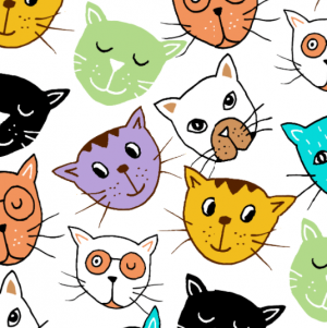 cat faces repeat pattern white green blue purple orange